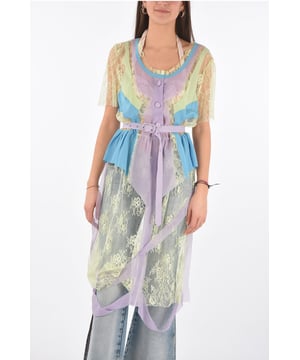 Primavera-Verano, Multicolor, Botones, Cinturón, Mangas cortas, Encaje, Hecho en Italia, TRANSPARENTE
