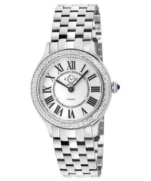 Adorn your wrists with the embodiment of opulent romance, a symphony of decadence inspired by the very heart of the fashion realm.

Introducing the Milan Collection, an epitome of lavishness, where the artistry of precision Swiss quartz craftsmanship intertwines seamlessly with the allure of effortless Italian style. This collection by GV2 stands as a testament to timeless sophistication adorned with an array of delicate details that capture the essence of femininity.

A symphony of twelve resplendent diamonds graces the square-shaped dial, each expertly embedded to create a captivating dance of light. The diamond-cut bezel, a dazzling testament to skilled craftsmanship, shimmers elegantly against the backdrop of a sapphire crystal face, a canvas of sheer radiance. The choice of indulgence is yours — whether a supple Italian handmade patent leather band, resplendent in an array of distinctive hues, or an elegant stainless-steel bracelet, meticulously ion-plated in the allure of 18k rose or yellow gold.

Every exquisite timepiece within the Milan Collection becomes a tribute to the iconic legacy of unparalleled Italian fashion. Each watch is more than a timekeeping instrument; it's a harmonious marriage of elegance and artistry, an emblem of luxurious femininity that echoes the very soul of Milan's renowned style heritage. GV2 12160B Women's Milan Round Diamond Swiss Quartz Watch

GV2 Women's Swiss Watch from the Milan Collection. 32 mm Round Silver Case/Push Pull Crown with Blue Cabochon Stone
Diamond Cut Bezel, Crisp White Dial with 6  Diamonds
Stainless Steel Bracelet with Deployment Buckle
Sapphire Crystal
Water Resistant to 50 Meters/5ATM
Swiss Quartz Movement Ronda 762