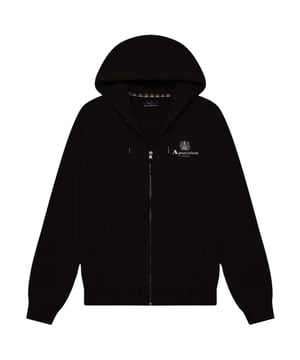 The Aquascutum Active Small Logo Full-Zip Black Hoodie combines timeless British style with everyday comfort. This premium fleece features a convenient frontal pocket for essentials, smooth full-zip closure for versatile styling, and the distinctive retro 'Active' patch that showcases the brand's heritage. Crafted from 100% cotton, it delivers exceptional softness against your skin while ensuring breathability throughout the day. Perfect for casual outings or relaxed evenings, this black hoodie effortlessly elevates your wardrobe with its understated elegance and superior craftsmanship. An investment piece that promises lasting quality and enduring style