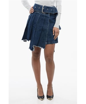 Denim Rules, Primavera-Verano, Azul, Botones, Cinturón, Trabillas, Hebilla, Asimétrico, Detalles plisados, Hecho en Italia, Algodón denim