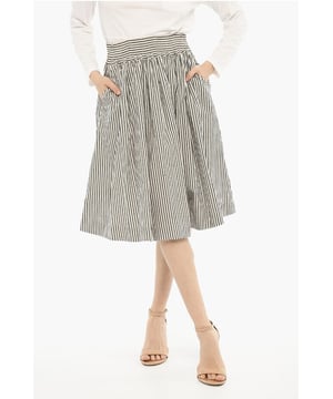 Primavera-Verano, Gris, Blanco, Cintura elástica, Rayas, 2 bolsillos, Vestido evasé