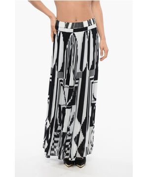 Primavera-Verano, Blanco y Negro, Vestido evasé, Cintura elástica, Plisado, Estampado