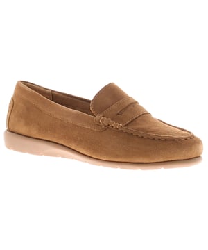 Hush Puppies Dames Loafers Shelby Suède Wedges Leer Instappers Tan. Suède Bovenkant. Microvezel Voering. TPR Zool. Schoeisel Loafers.