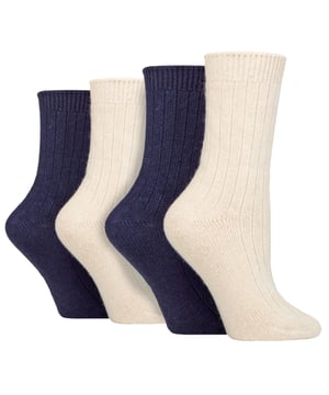 Wildfeet - Ladies 4 Pair Multi Pack Cashmere Bed Socks: These ladies’ Wildfeet Cashmere Socks are the socks of luxury and comfort. Made from a blend of natural wool, viscose, and cashmere, they are designed to provide warmth and cosiness throughout the day, whether you're running errands or relaxing at home. These socks offer the perfect balance of luxury and practicality with a blend of wool, viscose, and cashmere. The soft and comfortable material provides warmth and insulation to keep your feet cosy in the cold weather while also being breathable and moisture-wicking. The combination of fibres makes these socks more durable, ensuring long-lasting wear, while the ribbed leg enhances comfort. These 4 pairs of Wildfeet Cashmere Socks come in 2 gift boxes and attractively wrapped with a satin ribbon bow, which makes them ideal for gifting to friends or family. . Wild Feet is a range of socks featuring cool designs, bold colours and quirky catchphrases - from pugs and penguins, to lions and llamas!. There are 14 colours to choose from. They come in one size Ladies 4-8 UK, are made from 37% Wool, 27% Viscose, 24% Polyamide, 11% Cashmere, 1% Elastane and are machine washable. Extra Product Details: Ladies Wildfeet Bed Socks Wool & Cashmere Blend Fibres 14 Great Colour Options Made For Relaxing Ribbed Legs 4 Pairs Value Pack A Great Gift Idea The Ideal Stocking Filler Soft & Breathable