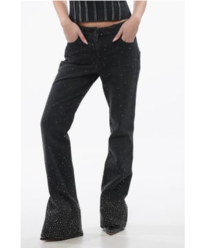 Primavera-Verano, Hecho en Italia, Negro, 5 bolsillos, Botones, Cierre de cremallera, Trabillas para cinturón, Casual, Algodón vaquero, Estrás, Corte de bota, Denim Rules, BRILLANTE, Tobillo 26cm