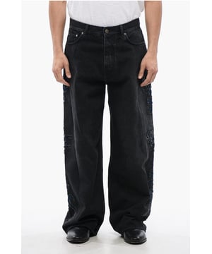 Gris, Algodón denim, Trabillas para cinturón, Bordado, Primavera-Verano, Pierna ancha y acampanada, Hecho en Italia, Denim Rules