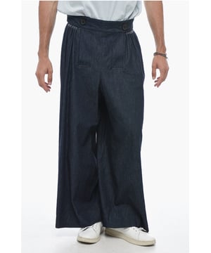 Denim Rules, Lente-Zomer, Blauw, Knopen, Denim katoen, Gemaakt in Italië, Casual, Wijde pijpen en wijde pijpen, 3 zakken, Donkere wassing, Enkel 40 cm