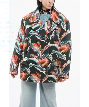 Frühling-Sommer, Mehrfarbig, Pattentasche, Paspeltasche, Made in Italy, Zweireihige Jacke, Ungefüttert, 4 Taschen, Blumendruck, Übergröße, Knöpfe