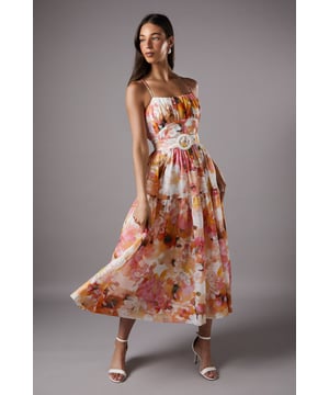 Elegant square neckline with delicate spaghetti straps for a feminine silhouette
        Striking printed design that captures attention at any special occasion
        Flattering midi length with tiered skirt detail for graceful movement
        Coordinating statement belt with circular buckle to define the waist
        Fully lined for comfort and a luxurious drape
    
    This captivating sleeveless midi dress from Coast embodies sophistication for your most memorable occasions. The cotton-blend fabric offers a beautiful drape that flows elegantly as you move, while the tiered skirt adds dimension and visual interest. The defining waist belt creates a flattering silhouette that accentuates your natural shape. Style with strappy heeled sandals as shown and statement earrings for weddings or race day events. For cooler evenings, layer with a lightweight pashmina or tailored blazer. This versatile piece transitions beautifully from daytime garden parties to evening celebrations with a simple change of accessories - opt for delicate jewellery and a clutch bag for daytime, switching to bolder pieces and a structured handbag for evening affairs. A true occasion-worthy investment that reflects Coast's commitment to elegant design.
