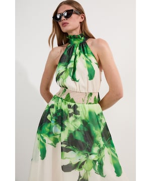Floral Organdie Woven Belted Halterneck Maxi Dress