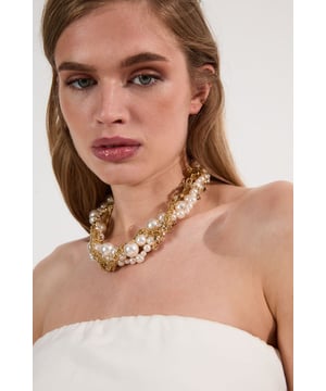 Gold Chain Woven Pearl And Diamante Statement Necklace