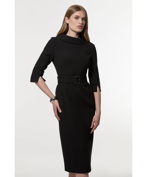 This Karen Millen tailored dress combines timeless elegance with contemporary design. The structured crepe fabric maintains its shape throughout the day, while the roll neck adds a touch of sophistication. Perfect for daytime engagements, style with block-heeled ankle boots and a structured tote for family gatherings or important meetings. The belted waist creates a flattering silhouette that works wonderfully for lunch dates or gallery visits. For cooler days, layer with a tailored blazer or lightweight trench coat. The versatile midi length pairs equally well with flats for a casual smart look or low heels when you need to transition from day to evening. This dress offers effortless style that requires minimal accessorising - simply add delicate jewellery to complete your look.   Structured crepe fabric Elegant roll neck design Three-quarter length sleeves Sleek belted waist detail Pencil midi length with a tailored fit