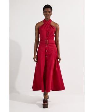 Tailored Polished Cotton Belted Halter Full Skirted Midi Dress