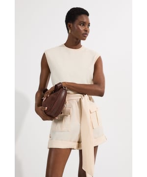 Linen Twill Top Stitch Belted Woven Short