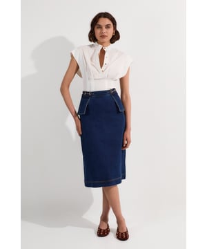 Petite Stretch Denim Snaffle Trim Midi Skirt