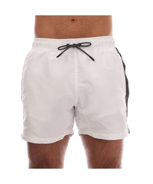 Mens Emporio Armani EA7 Logo Tape Swim Shorts in white.- Elasticated waistband.- Two side slash pockets.- Back pocket.- Logo print to the side.- 100% Polyester.- Ref: 7M000535U0002