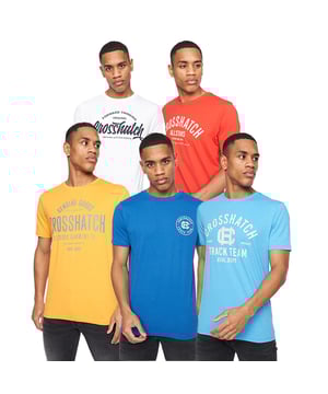 Mens Crosshatch Weymouth 5 Pack T-ShirtsCelebrate the elegance of these five men's cotton tees  tailored for both comfort and refinement. Each tee boasts a seamlessly integrated inner back neck tape and showcases a distinguished graphic print on the chest  embodying a fusion of timeless style and relaxed sophistication.- Ribbed crew neck- Short sleeves- 100% Cotton.  Machine washable.- Ref: CH2A123006ASSTK