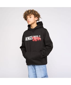 Boys Kings Will Dream Tagged Hoodie in black- Hooded- Long sleeves- Flat and raised print at chest and on reverse.- Kangaroo pocket to front- Ribbed cuffs and hem- Soft brushback fleece construction- Relaxed fit- 60% Cotton  40% Polyester.  Machine washable.- Ref: KD3E124513BS2STK