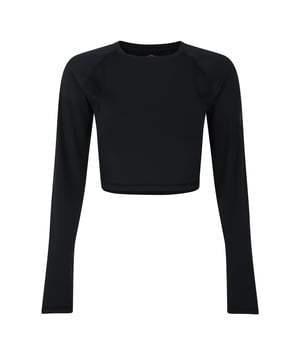 Ronde hals en lange raglanmouwen met duimsgaten. Rug uitsnijding detail met bodycon coverstitching. Tonale Pro Training logo. Mesh ventilatiepanelen onder de armen. Korte top in rekbare single jersey.