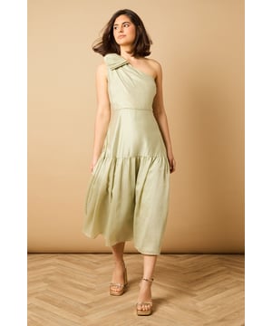 Striking one-shoulder design with an elegant oversized bow detail
        Feminine midi length with a flattering tiered skirt
        Lightweight Tencel fabric that drapes beautifully
        Clean, minimalist silhouette perfect for special occasions
        Versatile design that can be dressed up or down with accessories
    
    This enchanting one-shoulder midi dress showcases Oasis's signature feminine aesthetic with its standout bow shoulder detail. The graceful tiered skirt creates movement and dimension whilst maintaining a sophisticated silhouette. Style with strappy heeled sandals and statement earrings for summer weddings or garden parties. For race day events, pair with a fascinator and clutch bag for a refined ensemble. The versatile design transitions beautifully from daytime celebrations to evening soires-simply switch your accessories to match the occasion. The clean lines and classic shape make this dress a timeless addition to your occasion wardrobe, whilst the midi length offers both elegance and practicality. Perfect for those moments when you want to make a subtle yet memorable impression.