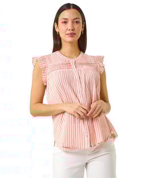 Stripe Print Frill Blouse from Roman. Add a touch of elegance to your wardrobe with this chic stripe frill sleeve blouse. Featuring an all over vertical stripe pattern, this top has a flattering round neck and delicate frill detail on the sleeves. The pleating detail on the front adds a sophisticated touch, while the full button-through design is both practical and stylish with a hint of metallic threads running through. Pair this blouse with jeans and sandals for a effortlessly stylish casual look that will take you from day to night with ease.