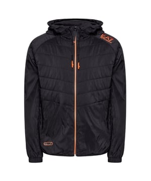 Elevate your style with this sleek Emporio Armani black bomber jacket. Featuring a lightweight design and convenient hood, this sophisticated model offers the perfect blend of Italian luxury and practical comfort for the modern man. 100% Polyamide