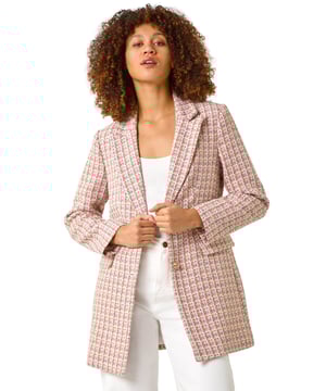 Check Single Breasted Boucle Jacket from Roman. Introducing our single-breasted boucle jacket for the Spring Summer season. This longline jacket features a classic front opening with button fastening, stylish collar & revere, and practical front flap pockets. Fully lined for added comfort, this elegant piece is a versatile addition to your wardrobe. Complete your outfit by pairing this jacket with trousers and flats for a trendy and sophisticated look!