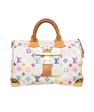 VINTAGE, RRP AS NEW
The iconic Louis Vuitton Speedy 30 handbag, reimagined by Japanese artist Takashi Murakami, features a splash of vibrant color with its multicolored monogram print. Crafted with white canvas and natural leather finishes, this bag also includes protective hardware corners and a sturdy top zip closure with lock clasp. The red suede interior lining adds a luxurious touch.
Inclusion: Dust bag.
Remarks: There are some scratches on the hardware, some discoloration and signs of wear. Measurments:  width: 300 mm height: 200 mm handle drop: 105 mm