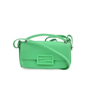 VINTAGE, RRP AS NEW
This beautiful Bag will come with a Certificate of ity provided by Entrupy, The certificate will be provided at no further cost.  A modern twist on an iconic silhouette, this Fendi Baguette Phone Pouch channels the essence of the legendary 'It bag' in a sleek, compact form. Wrapped in vibrant green leather and vinyl, it offers a playful contrast in texture, elevated by tonal and silver-tone hardware for a subtle flash of attitude.  The flap opens with a magnetic button closure to reveal a thoughtfully designed interior: one main compartment lined in smooth leather, with just enough space for your essentials. A singular credit card holder keeps things organized, while the removable and adjustable leather strap adds versatility-wear it crossbody, over the shoulder, or carry it as a clutch.  This little piece may be small, but it carries all the bold energy and craftsmanship of Fendi's iconic lineage. Condition Rating: A - EXCELLENTCondition Details: Gently used. Please check the photos carefully and ask if you need to know more details or if you have any doubts.Measurements (cm):Depth: 2.5Height: 8.9Length: 17.8Other Details: Dustbag? NoKeys? NoBox? No Measurments:  width: 25 mm length: 178 mm height: 89 mm