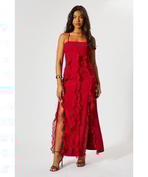 Square Neck Frill Low Back Maxi Dress
