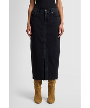 Damen  Der Kellie-Rock ist ein langer Rock aus hochwertigem schwarzem Denim.