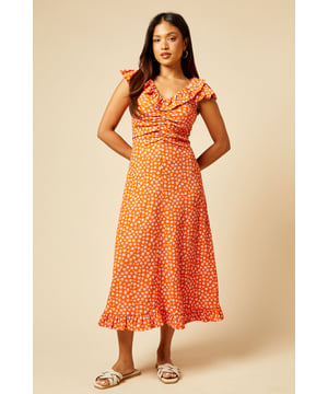 Petite Orange Ditsy Frill Neck Ruched Front Jersey Midi Dress