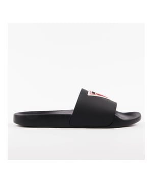 Claquette Guess Tokyo Triangle Herren Schwarz Synthétique. Authentischer Schuh der Marke Guess - Streetwear/Sportswear-Design von Guess - Guess für modebewusste Männer, perfekt für den Alltag - Die schwarze Claquette von Guess lässt sich hervorragend mit dem Rest Ihrer Garderobe kombinieren - Bequemes synthetisches Material - Klassische Schnalle - Tokyo Triangle - Synthetisch