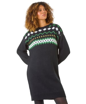 Nordic Print Knitted Jumper Dress from Roman. Step into the colder months in style with this cosy knitted Roman dress. Cut from a soft touch knit, this classic sweater dress has long cuffed sleeves, a relaxed round neck and a jacquard nordic print. Our casual dress is the ideal outfit for Autumn walks, pumpkin picking and Christmas markets this year. Keep warm in this relaxed fit style, perfectly paired with some thick tights and chunky boots for the Autumn Winter season.