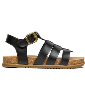 Womens black Blowfish fillip sandals, manufactured with synthetic and a rubber sole. Featuring: blowfish branding, cork sole, adjustable buckle and vegan.
