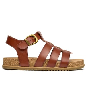 Womens tan Blowfish fillip sandals, manufactured with synthetic and a rubber sole. Featuring: blowfish branding, cork sole, adjustable buckle and vegan.