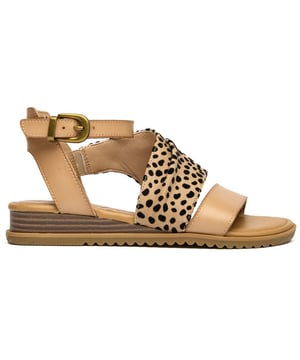 Womens tan Blowfish balana sandals, manufactured with synthetic and a rubber sole. Featuring: blowfish branding, leopard print, adjustable buckle and vegan.