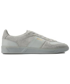 Showcase some refined, retro-inspired style with the BOSS Brandon court trainers. Crafted from premium leather and suede, combined with a durable rubber sole, these shoes are designed for all-day comfort with a relaxed flair. The light grey sneakers have a padded collar, golden BOSS signature logo on the side and subtle sole detailing for a seamlessly casual look. Slip on these versatile smart-casual shoes for a sharp yet sporty look.