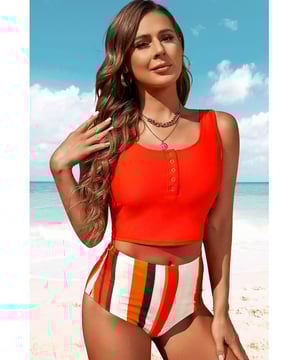 Top type: No underwire
  Bottom type: High waist
  Sizing category: Regular
  Picture style: Outdoors
  Number of pieces: Two
  Pattern type: Solid/striped solid/leopard print solid/floral
  Features: Buttoned
  Material: 82% nylon 18% spandex
  Stretch: Highly stretchy
  Sheer: No
  Body: Lined
  Chest pad: No padding
  Care instructions: Machine wash cold. Tumble dry low
  Imported
  Product measurements: S: bust 28 in waist 24 in hip 30 in length 10 in; M: bust 30 in waist 26 in hip 32 in length 10 in; L: bust 34 in waist 30 in hip 36 in length 10 in; XL: bust 36 in waist 32 in hip 38 in length 10 in; 2XL: bust 38 in waist 34 in hip 40 in length 11 in