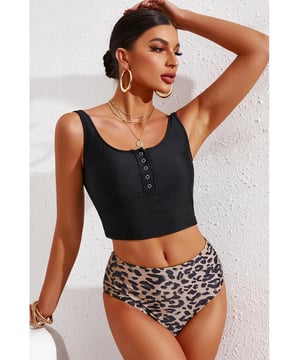Top type: No underwire
  Bottom type: High waist
  Sizing category: Regular
  Picture style: Outdoors
  Number of pieces: Two
  Pattern type: Solid/striped solid/leopard print solid/floral
  Features: Buttoned
  Material: 82% nylon 18% spandex
  Stretch: Highly stretchy
  Sheer: No
  Body: Lined
  Chest pad: No padding
  Care instructions: Machine wash cold. Tumble dry low
  Imported
  Product measurements: S: bust 28 in waist 24 in hip 30 in length 10 in; M: bust 30 in waist 26 in hip 32 in length 10 in; L: bust 34 in waist 30 in hip 36 in length 10 in; XL: bust 36 in waist 32 in hip 38 in length 10 in; 2XL: bust 38 in waist 34 in hip 40 in length 11 in