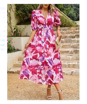 Vestido midi con mangas abullonadas impresas  
Estilo básico  
Sin elasticidad  
No forrado  
Composición del material: 100% poliéster  
Instrucciones de cuidado: Lavar a máquina en frío y secar a baja temperatura  
Importado  
Tamaño S: Busto 37 pulgadas Longitud 47.6 pulgadas Cintura 25.2 pulgadas Hombro 13.8 pulgadas Longitud de la manga 13 pulgadas  
Tamaño M: Busto 38.6 pulgadas Longitud 48 pulgadas Cintura 26.8 pulgadas Hombro 14.2 pulgadas Longitud de la manga 13.4 pulgadas  
Tamaño L: Busto 40.9 pulgadas Longitud 48.4 pulgadas Cintura 29.1 pulgadas Hombro 14.6 pulgadas Longitud de la manga 13.8 pulgadas  
Tamaño XL: Busto 43.3 pulgadas Longitud 48.8 pulgadas Cintura 31.5 pulgadas Hombro 15 pulgadas Longitud de la manga 14.2 pulgadas