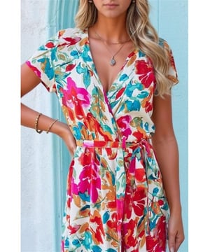 Stil: Maxikleid  
Ausschnitt: Überlappend  
Ärmeltyp: Kurzarm  
Taille: Mit Bindeband  
Stoff: Undurchsichtig  
Dehnbarkeit: Keine Dehnbarkeit  
Futter: Ungefüttert  
Material: 100 % Polyester  
Pflegehinweise: Maschinenwäsche kalt, im Wäschetrockner bei niedriger Temperatur trocknen  
Größen: Verfügbar in den Größen S, M und L  
Maße: Länge (S: 135 cm, M: 137 cm, L: 139 cm), Schulter (S: 36 cm, M: 37 cm, L: 39 cm), Brust (S: 88 cm, M: 92 cm, L: 98 cm), Hüfte (S: 108 cm, M: 112 cm, L: 118 cm), Ärmellänge (S: 21 cm, M: 22 cm, L: 22 cm)