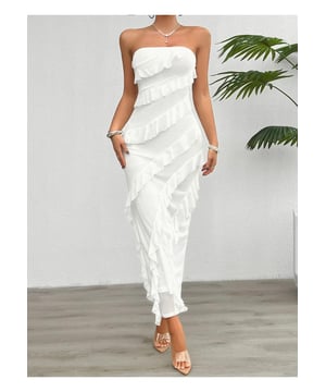 Ruffled design
  Slit back
  Opaque
  Moderate stretch
  Fully lined
  Material composition: 95% polyester 5% elastane
  Care instructions: Machine wash cold tumble dry low
  Imported