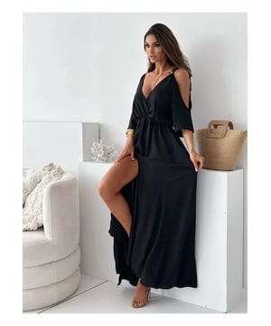 Gebundenes Schulter-Schlitz-Maxikleid  
Eigenschaften: Schlitz, gebunden  
Materialzusammensetzung: 100% Polyester  
Keine Dehnung  
Körper: Nicht gefüttert  
Pflegehinweise: Maschinenwäsche kalt, im Wäschetrockner bei niedriger Temperatur trocknen  
Importiert