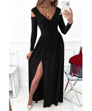 Schlitz Surplice Langarm-Maxi-Kleid  
Merkmale: Schlitz  
Durchsichtigkeit: Undurchsichtig  
Stretch: Leicht dehnbar  
Körper: Nicht gefüttert  
Materialzusammensetzung: 95% Polyester, 5% Spandex  
Pflegehinweise: Maschinenwäsche kalt. Im Wäschetrockner bei niedriger Temperatur trocknen.  
Importiert