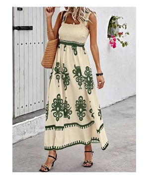 Vestido Maxi de Tirantes Anchos con Estampado Fruncido  
Características: Fruncido  
Transparente: Opaco  
Elasticidad: Sin elasticidad  
Cuerpo: Sin forro  
Composición del material: 95% poliéster 5% elastano  
Instrucciones de cuidado: Lavar a máquina en frío. Secar a baja temperatura.  
Importado