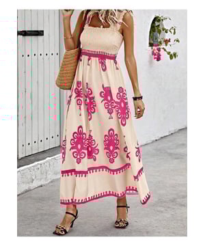 Smocked Printed Wide Strap Maxi Dress
  Features: Ruched Smocked
  Sheer: Opaque
  Stretch: No stretch
  Body: Not lined
  Material composition: 95% polyester 5% elastane
  Care instructions: Machine wash cold. Tumble dry low.
  Imported