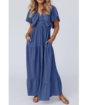 Vestido maxi de manga corta con escote en V y volantes  
Diseño anudado y con volantes  
Tejido opaco para una cobertura completa  
Composición del material: 65% viscosa, 35% poliéster  
Lavar a máquina en frío y secar a baja temperatura  
Importado  
Disponible en tallas S a 2XL