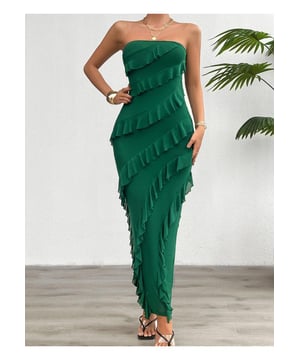 Ruffled design
  Slit back
  Opaque
  Moderate stretch
  Fully lined
  Material composition: 95% polyester 5% elastane
  Care instructions: Machine wash cold tumble dry low
  Imported