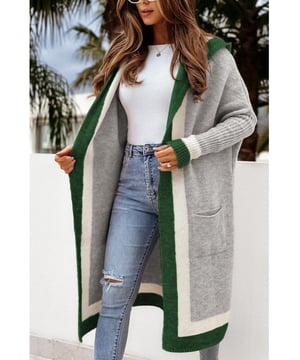 Gevoerde Contrast Lange Mouwen Hoody Cardigan  
Materiaal samenstelling: 65% acryl 35% polyamide  
Gemiddelde rekbaarheid  
Wasinstructies: Machinewas koud, drogen op lage temperatuur  
Geïmporteerd  
Eén maat: Toplengte 90 cm, Buste 122 cm, Mouwlengte 41 cm